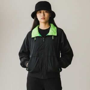 vintage 80s - 90d black and neon green streetwear windbreaker jacket